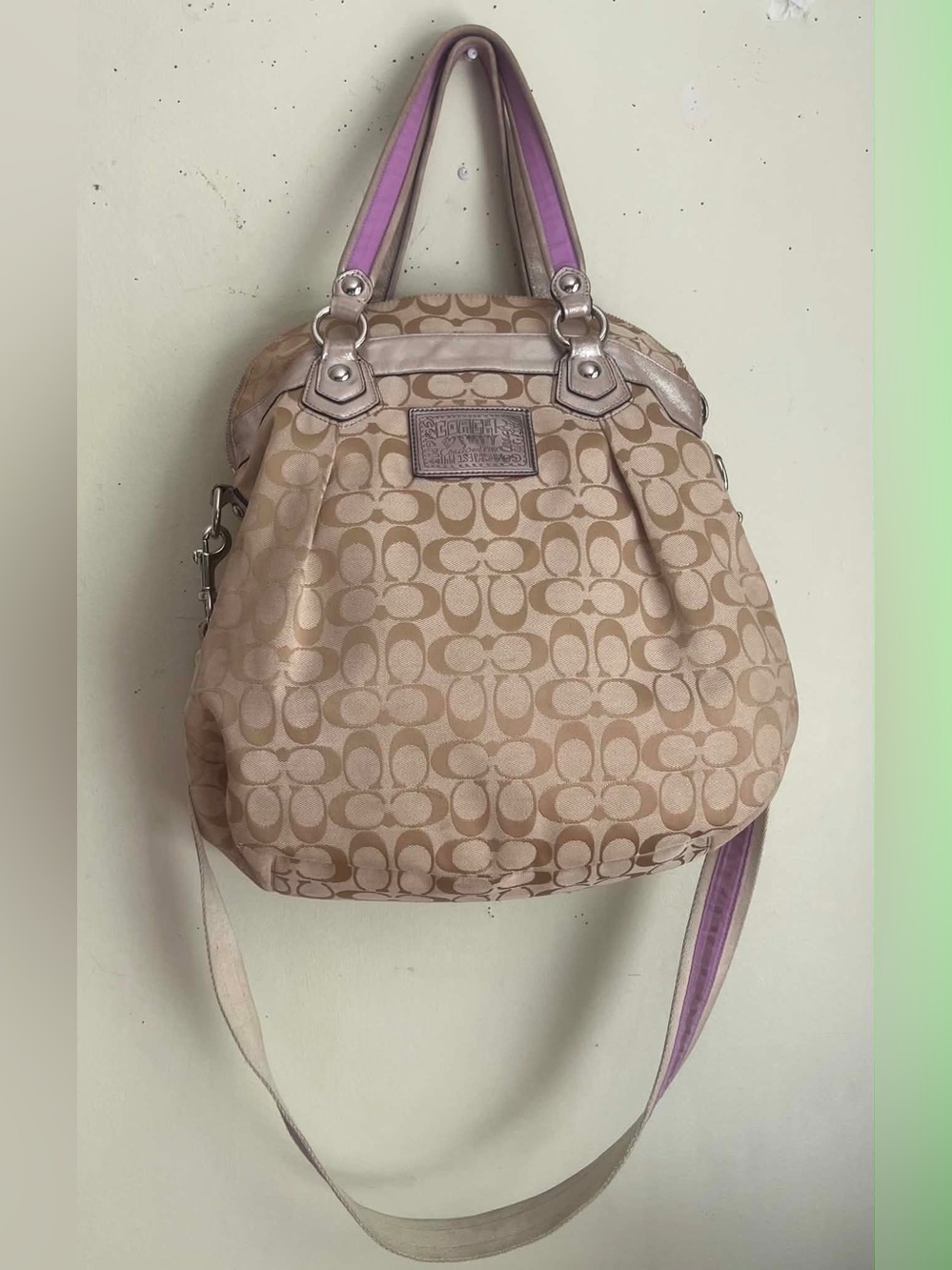 Coach Beige Signature Canvas Hobo with Pink and Purple Floral Accents - Picture 7 of 14